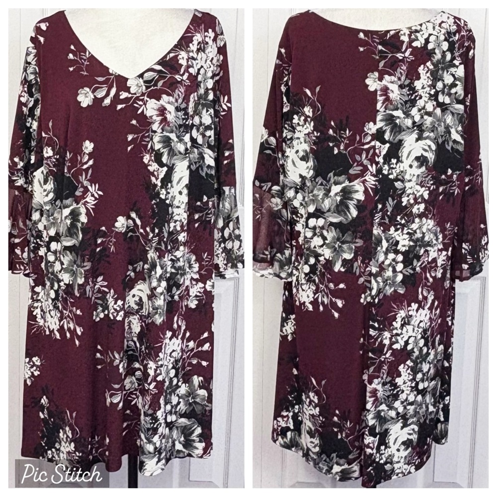 NWT Connected Apparel Bordeaux Wine Floral Bell Sleeve Dress 20W